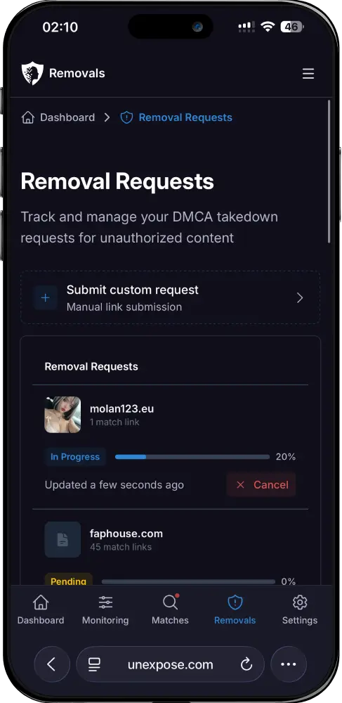 DMCA takedown request tracking and removal management in Unexpose