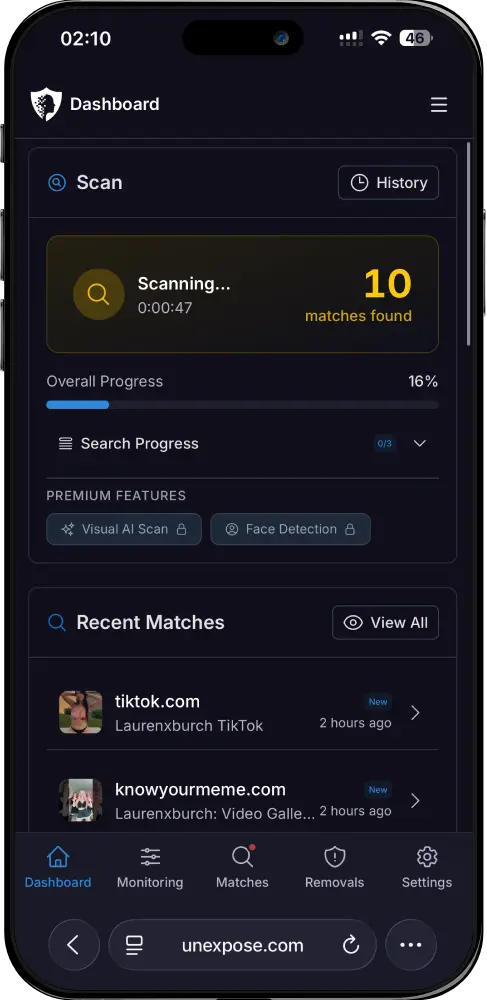Unexpose dashboard showing automated web scanning for leaked content detection